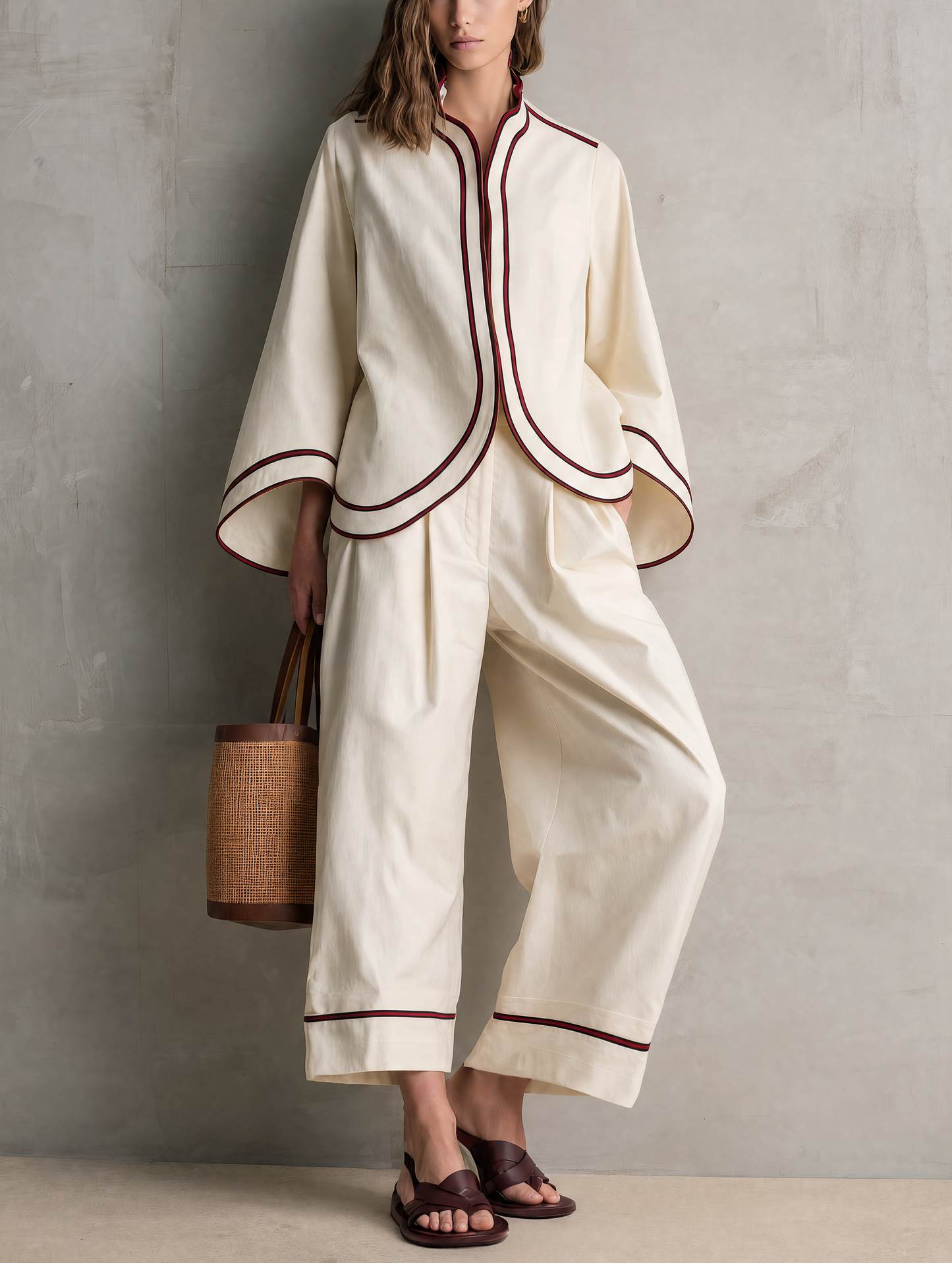 Women's Casual Beige Woven Long-sleeve Jacket And Trousers Set MDZ0748G9LXY