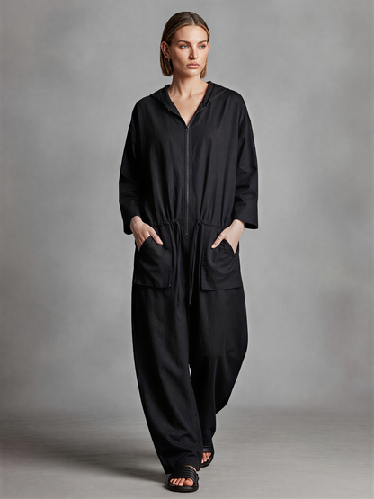 Women's Black Linen Blend Jumpsuit With Hood Full Zip Front & Drawstring Waist, Minimalist Loungewear Oversized Wide Leg Jumpsuit MDZ0710G3LYL