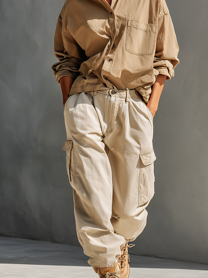 Women's Khaki & Cream Cotton Two-Piece Set With Oversized Chest Pocket Shirt & Multi-Pocket Cargo Jogger Pants, Streetwear Neutral Casual Matching Outfit MDZ0750G3LYL