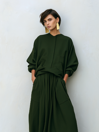 Women's Dark Olive Woven Two-Piece Set With Stand Collar Pocket Blouse & Oversized Drawstring Maxi Skirt, Minimalist Loose Resort Matching Outfit MDZ0781G6LYL