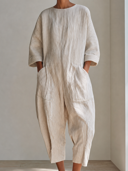 Women's Minimalist Beige Cotton Linen Blend Pinstripe Round Neck Dropped Shoulder Oversized Cropped Jumpsuit MDZ0753G0ZSQ