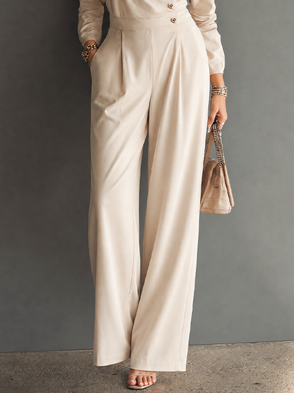 Women's Minimalist Workwear Style Apricot Cotton Blend Lapel Asymmetric Button Long Sleeve High Waist Wide Leg Long Jumpsuit MDZ0746G2GMJ
