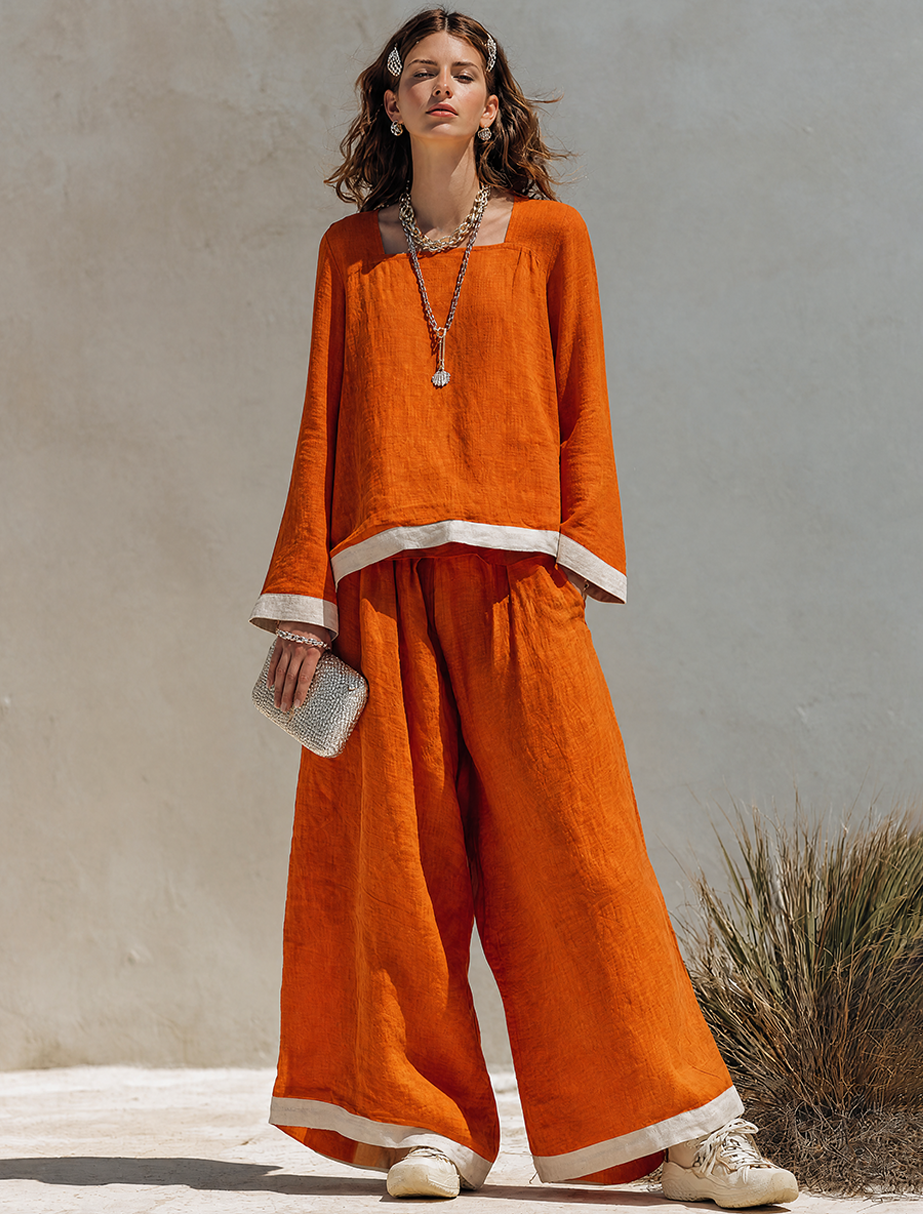 Women's Cotton-Linen Blend Square-Neck Long-Sleeve Top & Wide-Leg Pants Set With Contrast Trim MDZ0892G3ZRK