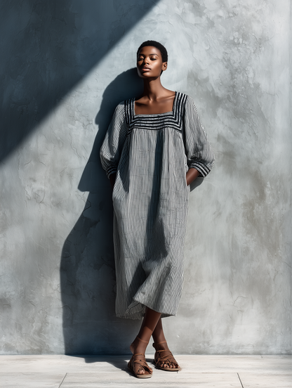 Women's Black White Vertical Stripe Linen Square Neck Puff Sleeve Pocket Loose Midi Dress MDZ0881G8YZJ
