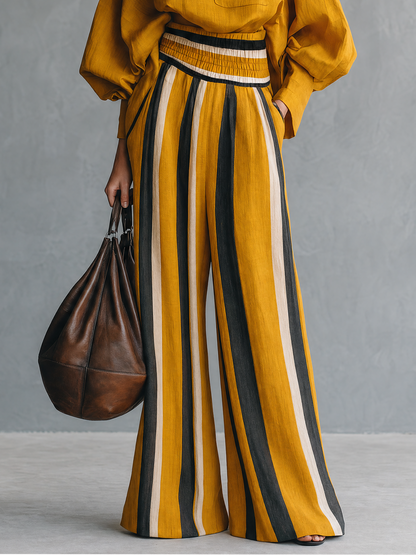 Women's Minimalist Striped Color-Block Print Wide-Leg Trousers MDZ0839G1WY