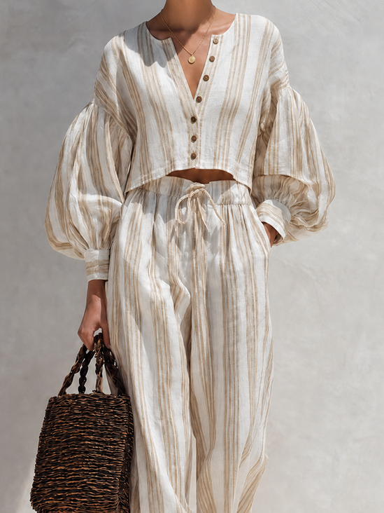 Women's Bohemian Beige Striped Cotton Linen Blend V-Neck Balloon Sleeve Cropped Top And Wide-Leg Pants Two-Piece SetMDZ0966G9ZSQ