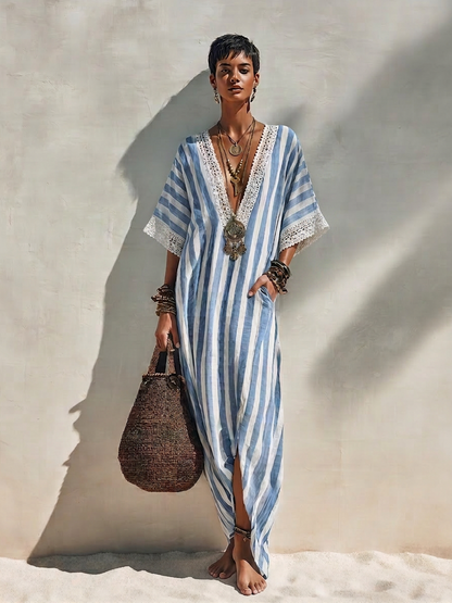 Women's Bohemian Blue And White Striped Cotton Blend V-Neck Crochet Trim Short Sleeve Side Slit Kaftan Maxi DressMDZ0921G6ZSQ