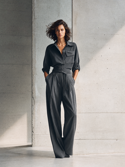 Women's Minimalist Workwear Charcoal Grey Collared Single-Pocket Shirt & High-Waisted Belted Wide-Leg Pants Set MDZ0992G0CMX