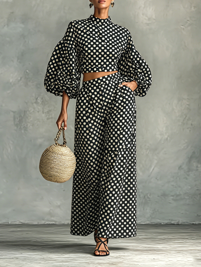 Women's Minimalist Polka-Dot Lantern-Sleeve Blouse And Wide-Leg Pants Set MDZ0967G6WY