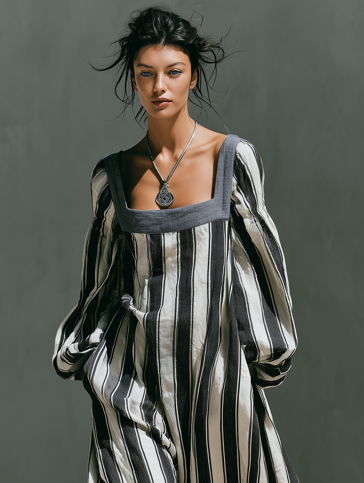 Women's Minimalist Striped Print Square-Neck Long-Sleeve Maxi Dress MDZ0909G9WY