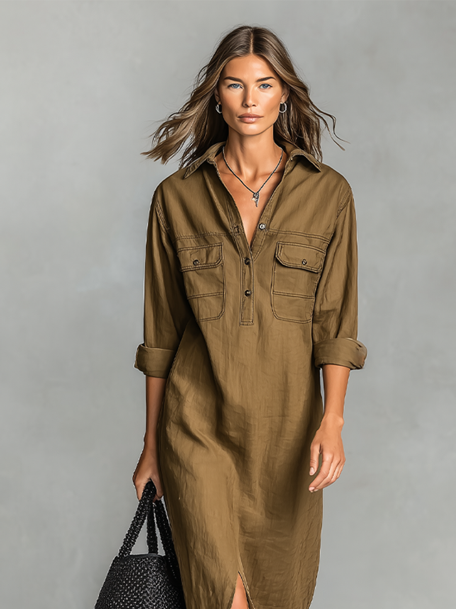 Women's Brown Cotton Blend Shirt Maxi Dress With Dual Chest Patch Pockets & Front Thigh Slit, Casual Utility Resort Loose Shirt Maxi Dress MDZ0943G1LYL