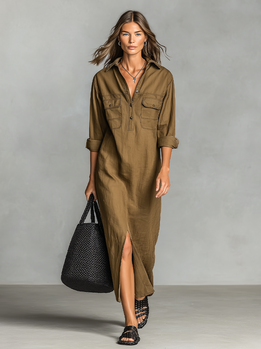 Women's Brown Cotton Blend Shirt Maxi Dress With Dual Chest Patch Pockets & Front Thigh Slit, Casual Utility Resort Loose Shirt Maxi Dress MDZ0943G1LYL