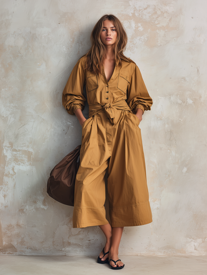 Women's Casual Khaki Woven Long-sleeve Cropped Jumpsuit MDZ0967G1LXY