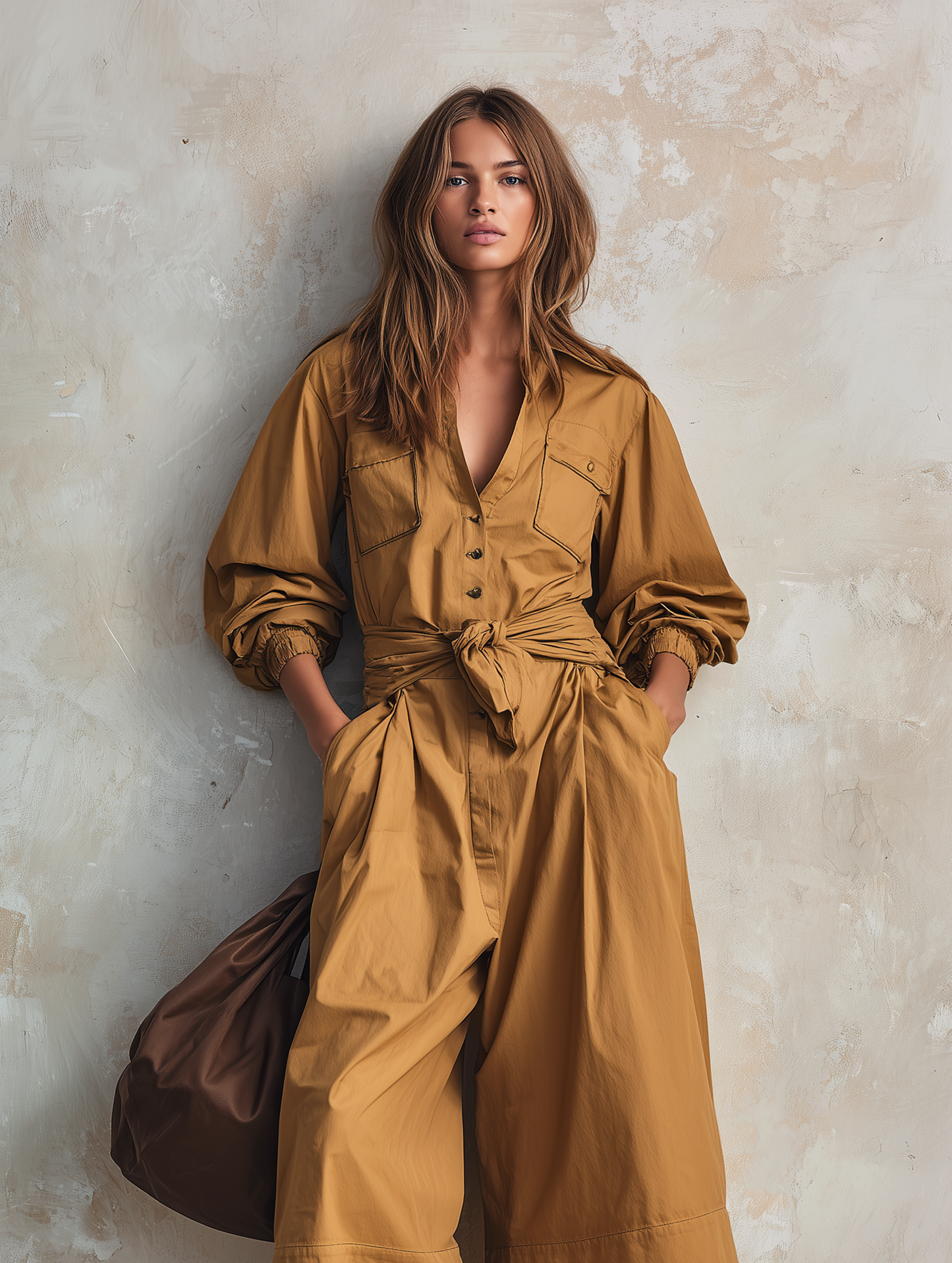 Women's Casual Khaki Woven Long-sleeve Cropped Jumpsuit MDZ0967G1LXY