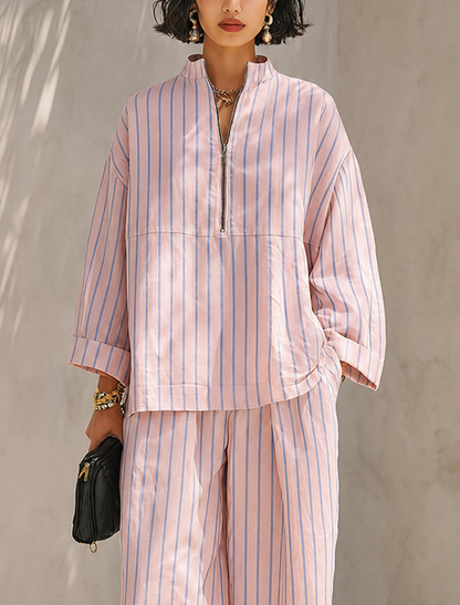 Women's Minimalist Cotton-Linen Blend Half-Zip Long-Sleeve Top & Wide-Leg Pants Set MDZ0962G3ZRK