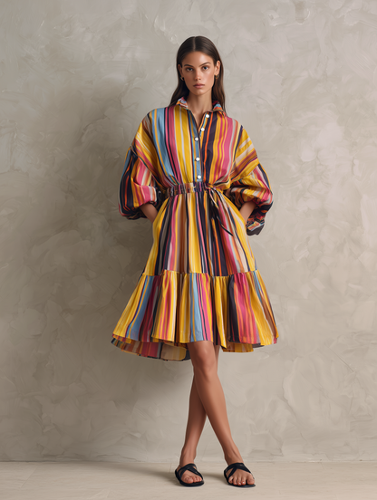 Women's Casual Woven Midi Dress With Colorful Print And 3/4 Sleeves MDZ0973G1LXY