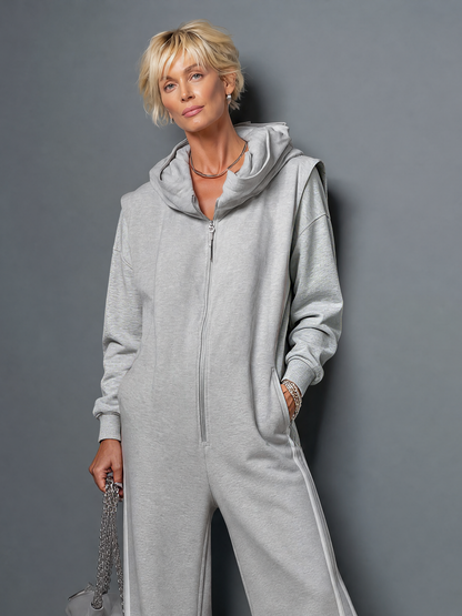 Women's Casual Stretch Knit Long-Sleeve Zip-Front Hooded Wide-Leg Jumpsuit MDZ0922G7WY