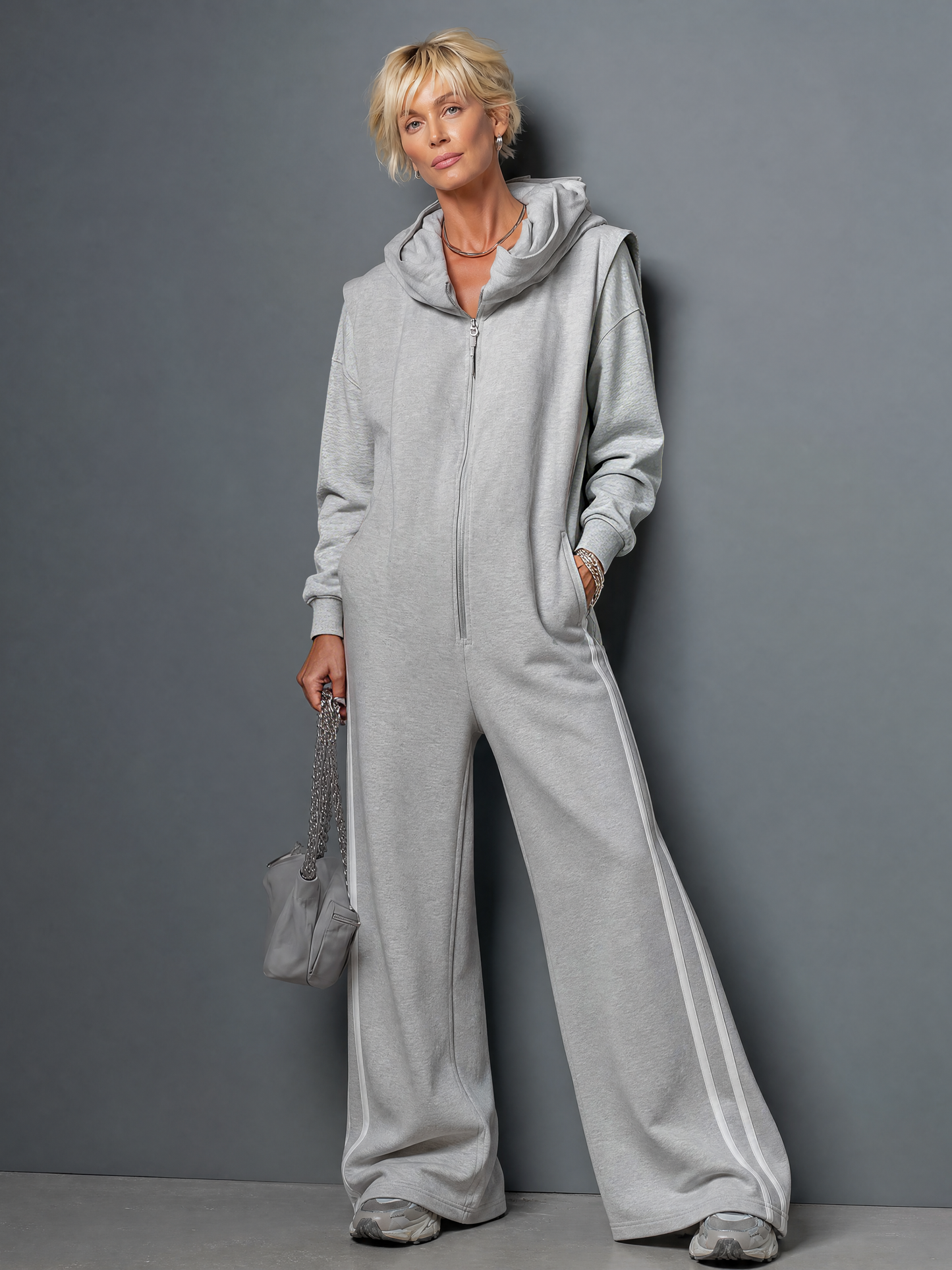 Women's Casual Stretch Knit Long-Sleeve Zip-Front Hooded Wide-Leg Jumpsuit MDZ0922G7WY
