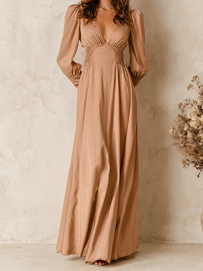 Women's Elegant  Pink Deep V-Neck Puff-Sleeve Cinched-Waist Flowing Chiffon Maxi Dress MDZ0941G7CMX