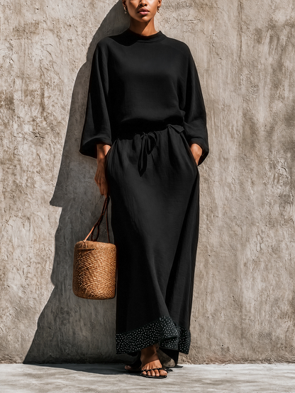 Women's Solid Black Linen Blend High Neck Loose Top Matching Wide Leg Polka Dot Trim Maxi Skirt Two Piece Set MDZ0975G7YZJ