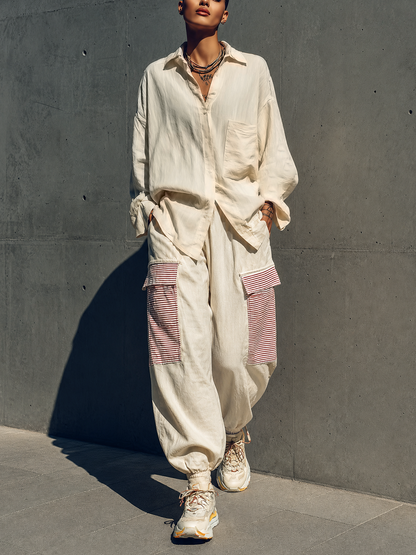 Women's Cream Linen Oversized Pocket Shirt Red White Stripe Patch Cargo Jogger Pants Two Piece Outfit Set MDZ0918G4YZJ