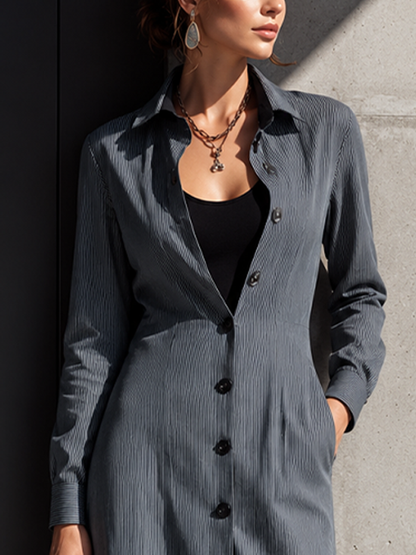 Women's Mature Commuter Grey Thin Stripe Cotton Blend Lapel Waist Slit Pocket Shirt Midi Dress MDZ0990G0GMJ
