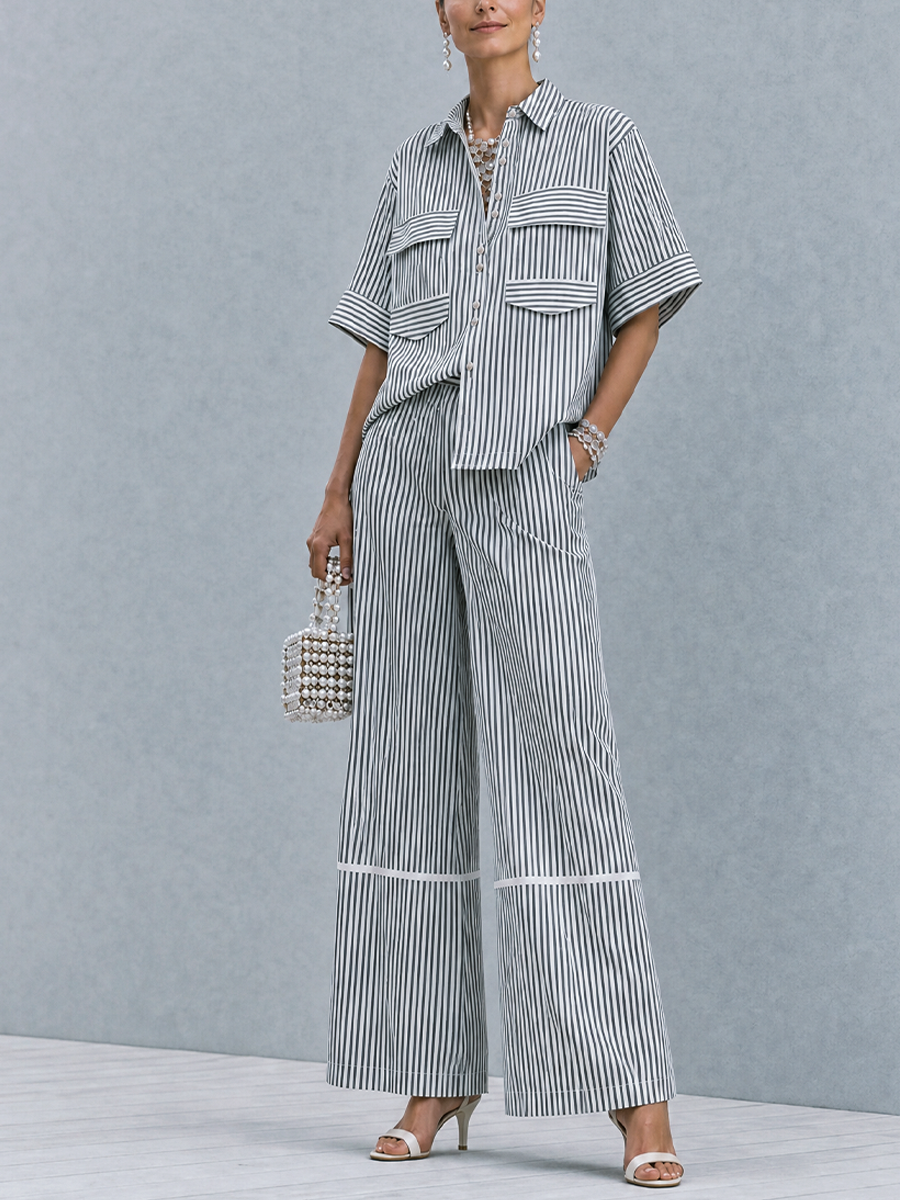 Women's Commuter Casual Black And White Vertical Stripe Cotton Blend Lapel Patch Pocket Wide Leg Trousers Two Piece Set MDZ0902G5GMJ