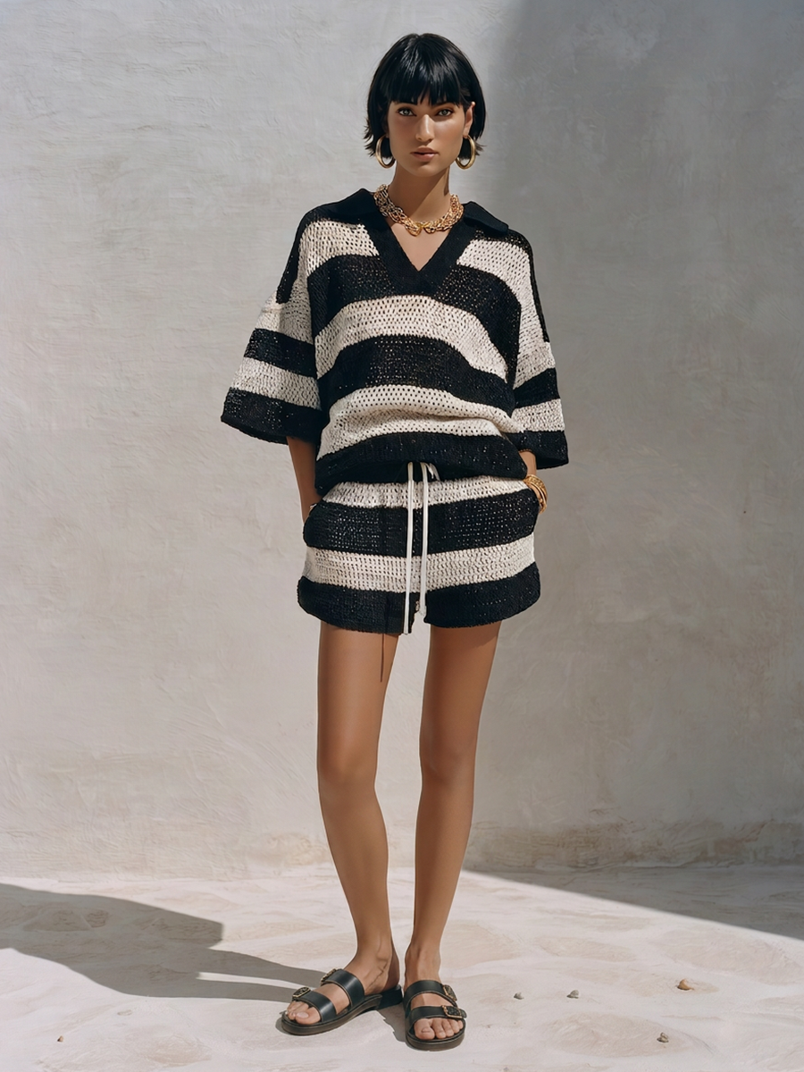 Women's Coastal Black And White Striped Crochet Knit V-Neck Short Sleeve Top And Drawstring Shorts Two-Piece Set MDZ1013G8ZSQ