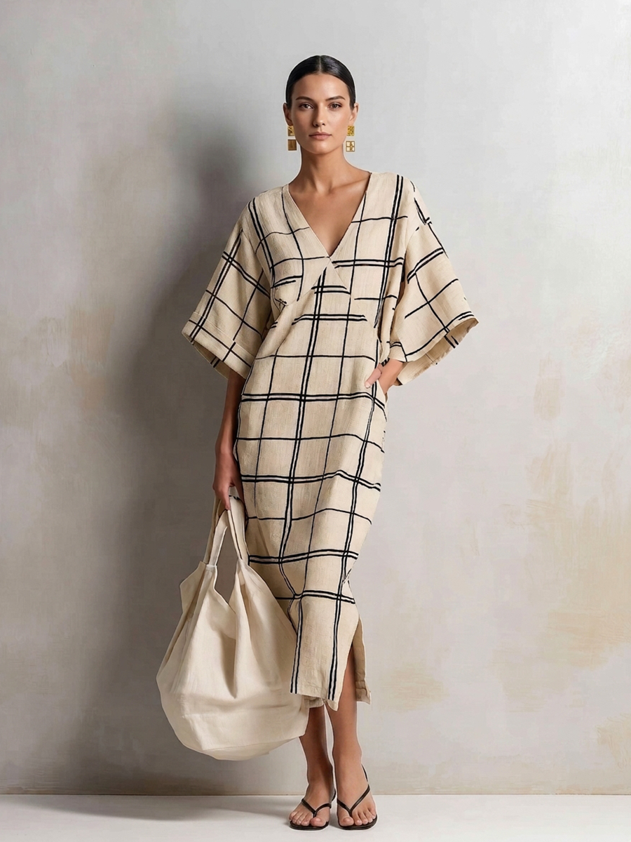 Women's Minimalist Beige Cotton Linen Blend Windowpane Check V-Neck Kaftan Midi Dress MDZ1087G8ZSQ