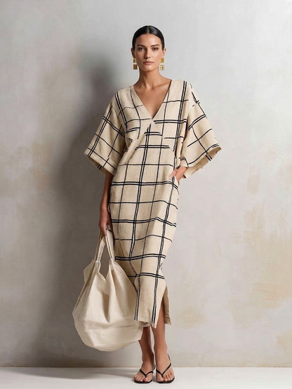 Women's Minimalist Beige Cotton Linen Blend Windowpane Check V-Neck Kaftan Midi Dress MDZ1087G8ZSQ