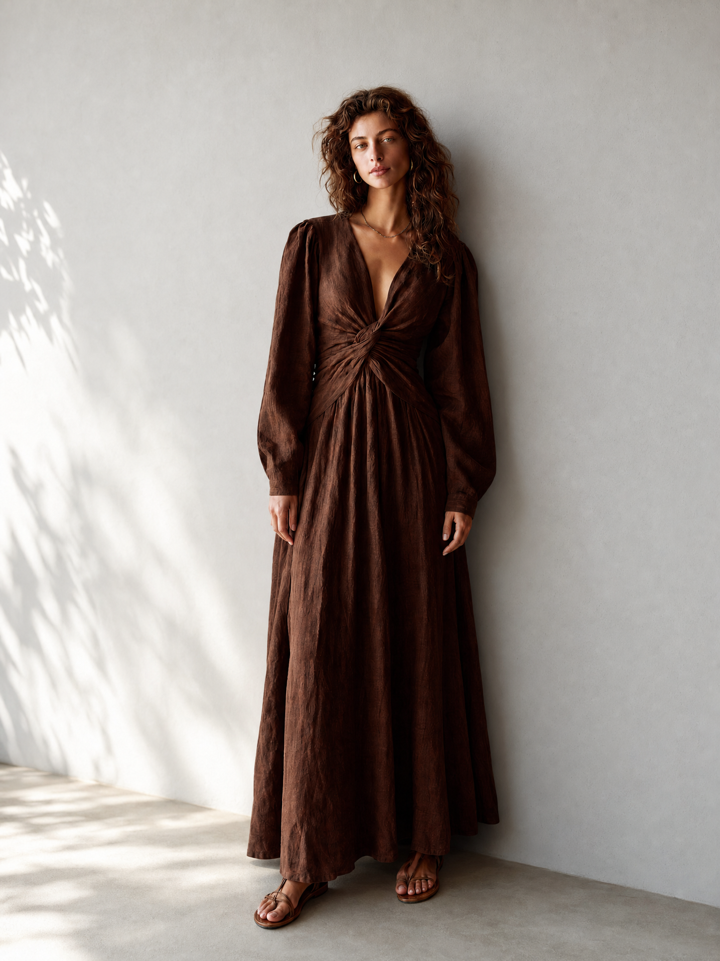 Women's Resort-Style Chocolate Brown Deep V-Neck Twist-Front Bishop-Sleeve Cinched-Waist Linen Maxi Dress MDZ1088G6CMX