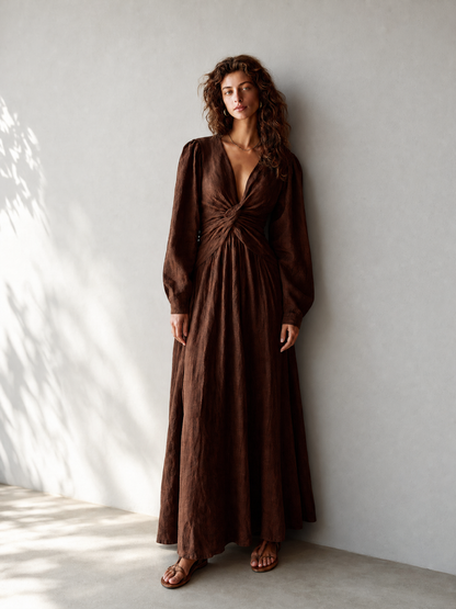 Women's Resort-Style Chocolate Brown Deep V-Neck Twist-Front Bishop-Sleeve Cinched-Waist Linen Maxi Dress MDZ1088G6CMX