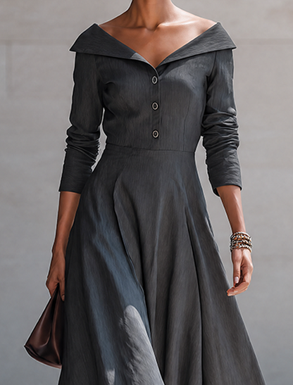 Women's Minimalist Solid-Color Cotton-Linen Off-Shoulder Button-Front Midi Dress MDZ1094G5ZRK