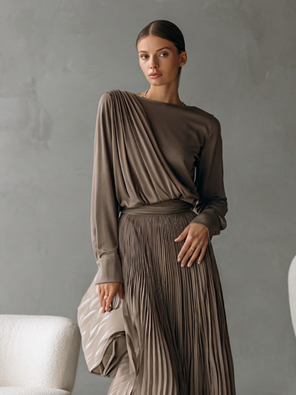Women's Taupe Two-Piece Set With Draped Wrap Long Sleeve Top & High Waist Pleated Maxi Skirt, Minimalist Elegant Formal Matching Outfit MDZ1356G3LYL