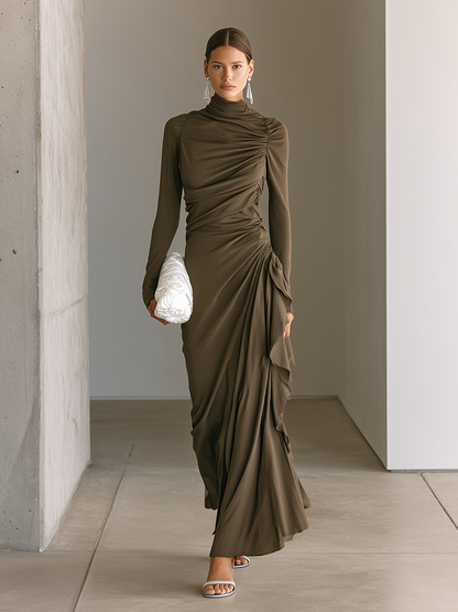 Women's Dark Taupe Soft Jersey Maxi Dress With Turtleneck Long Sleeves & Asymmetric Side Ruched Ruffle, Elegant Bodycon Evening Maxi Dress MDZ1394G9LYL
