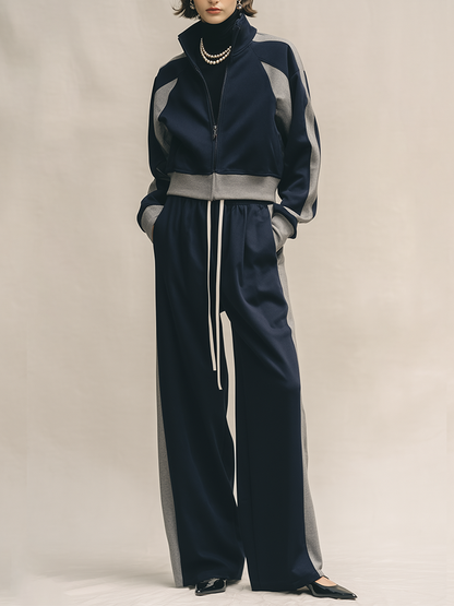 Women's Two-Tone Soft Cotton-Blend Co-Ord With Color Block Stand Collar Jacket & Side Pocket Loose Palazzo Trousers, Minimalist Athleisure Daily Two-Piece Set (Inner layer not included) MDZ1308G5LYL