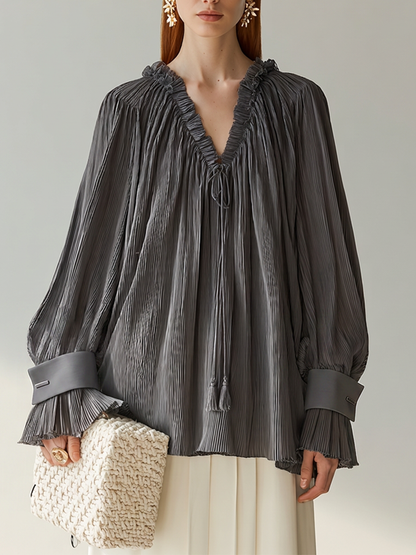 Women's Dark Grey Pleated Chiffon Blouse With Ruffled V Tie Neck & Contrast Cuff Lantern Sleeves, Elegant Loose Casual Long Sleeve Blouse MDZ1316G4LYL