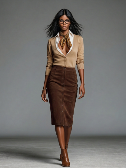 Women's Camel Knit & Brown Faux Suede Two-Piece Set With V Neck Button Cardigan & Front Button Midi Pencil Skirt, Retro Smart Casual Matching Outfit MDZ1371G2LYL