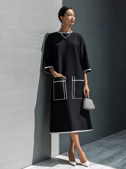 Women's Luxury Commuter Black Cotton Blend Contrast Stitch Patch Pocket 3/4 Sleeve Midi Dress MDZ1060G4GMJ