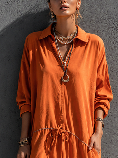 Women's Vacation Casual Orange Cotton Blend Lapel Drawstring Waist Irregular Midi Dress MDZ1019G8GMJ