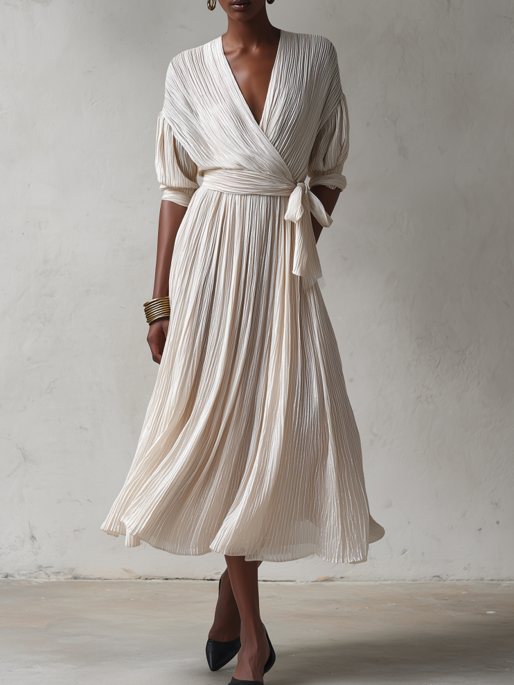 Women's Elegant Ivory Pleated Wrap V-Neck Tie Waist Batwing Sleeve Pleated Midi Dress MDZ1370G0ZSQ