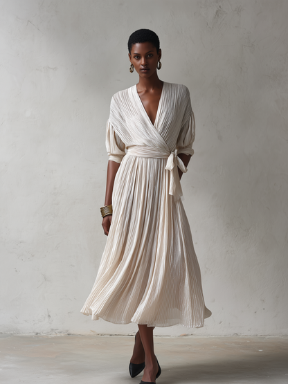 Women's Elegant Ivory Pleated Wrap V-Neck Tie Waist Batwing Sleeve Pleated Midi Dress MDZ1370G0ZSQ