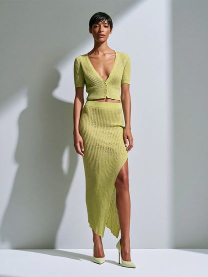 Women's Chic Lime Green Ribbed Knit V-Neck Button-Front Short Sleeve Cropped Cardigan And Side Slit Midi Skirt Two-Piece Set MDZ1376G2ZSQ