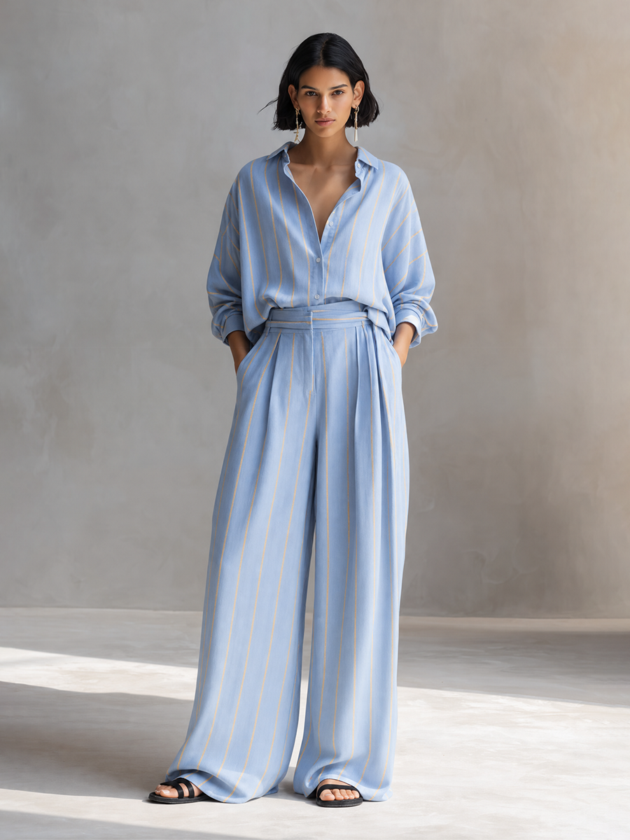 Women's Relaxed Light Blue Linen Blend Striped Collared Button-Front Long Sleeve Oversized Shirt And High-Waist Wide-Leg Pants Two-Piece Set MDZ1369G6ZSQ