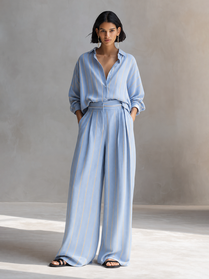 Women's Relaxed Light Blue Linen Blend Striped Collared Button-Front Long Sleeve Oversized Shirt And High-Waist Wide-Leg Pants Two-Piece Set MDZ1369G6ZSQ