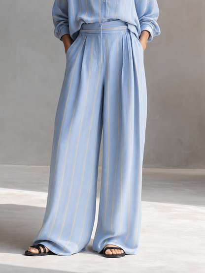 Women's Relaxed Light Blue Linen Blend Striped Collared Button-Front Long Sleeve Oversized Shirt And High-Waist Wide-Leg Pants Two-Piece Set MDZ1369G6ZSQ
