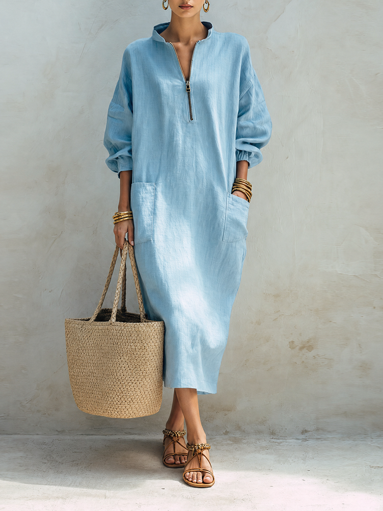 Women's Coastal Style Light Blue Linen Blend Stand Collar Half-Zip Long Sleeve Patch Pocket Oversized Maxi Dress MDZ1386G8ZSQ