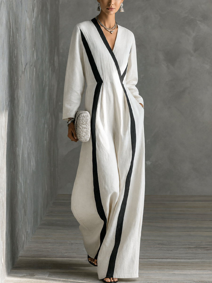 Women's Minimalist Vacation Style White Cotton Linen V-Neck Color-Blocked Striped Long-Sleeved Wide-Leg Jumpsuit MDZ1382G0GMJ