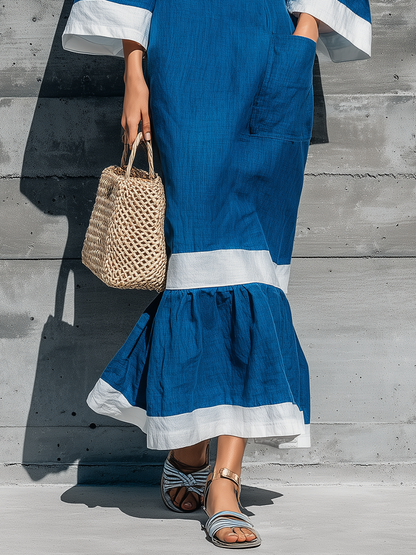Women’s Blue Cotton-linen blend Boat Neck Three Quarter Flare Cuff White Contrast Trim Tiered Ruffle Hem Midi Dress With Side Pockets MDZ1315G7YZJ