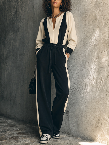 Women's Casual Sporty Black And White Knitted Cotton Blend Color Block Drawstring Waist Wide Leg Full Length Jumpsuit MDZ1360G4GMJ